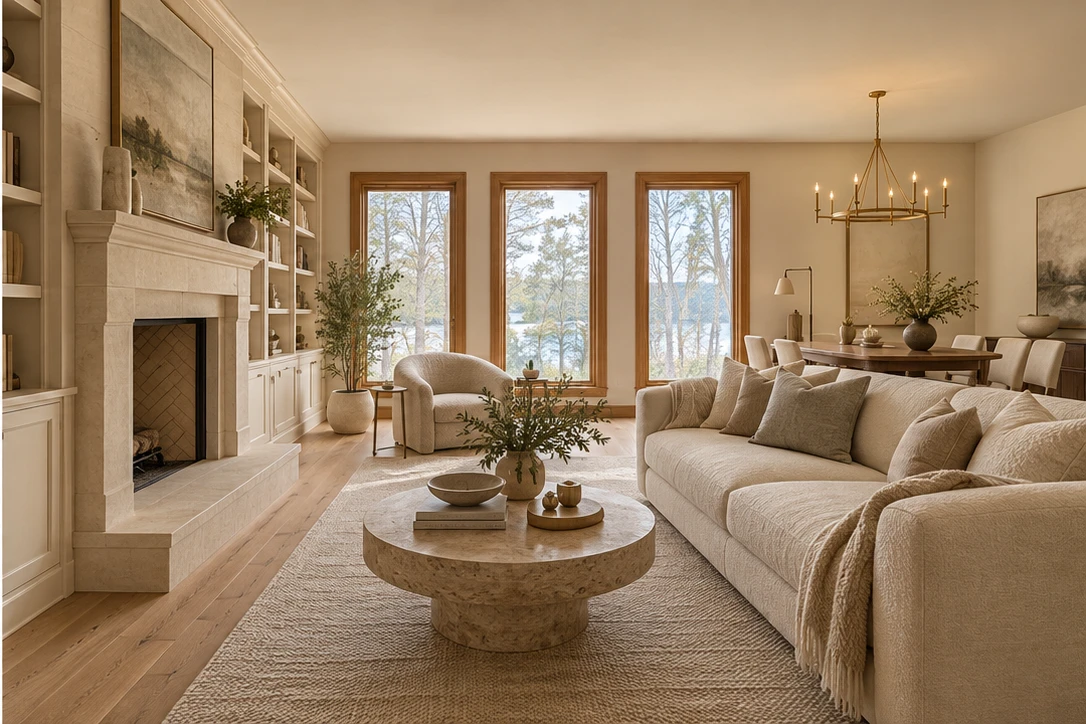 Warm, cohesive living-space renovation inspiration