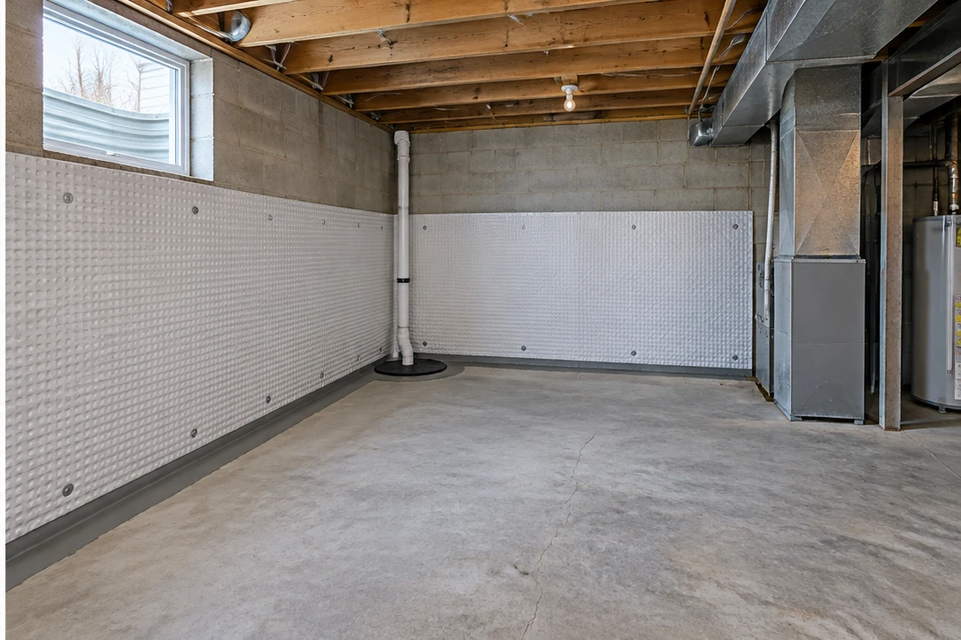 Illustrative basement perimeter drainage and wall-treatment planning example